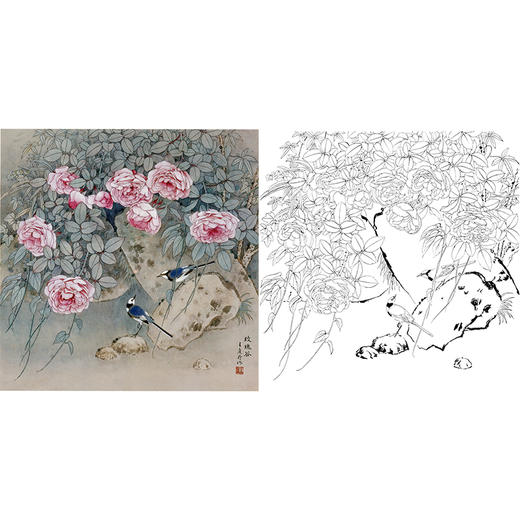 工笔花鸟白描底稿-玫瑰花-王庆升《玫瑰谷》-斗方小品册页-多种白描尺寸可选-QB12 商品图0