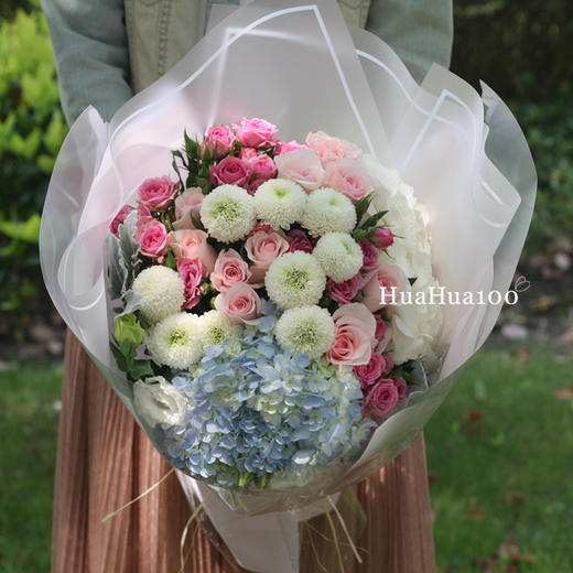幸福摩天轮丨11朵粉玫瑰蓝绣球乒乓菊混合花束 商品图0