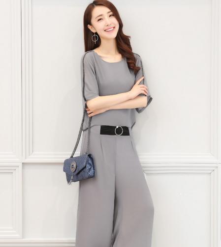 CQ swcs3637 新品短袖纯色雪纺衫女阔腿裤套装新 商品图1