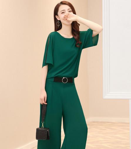 CQ swcs3637 新品短袖纯色雪纺衫女阔腿裤套装新 商品图0