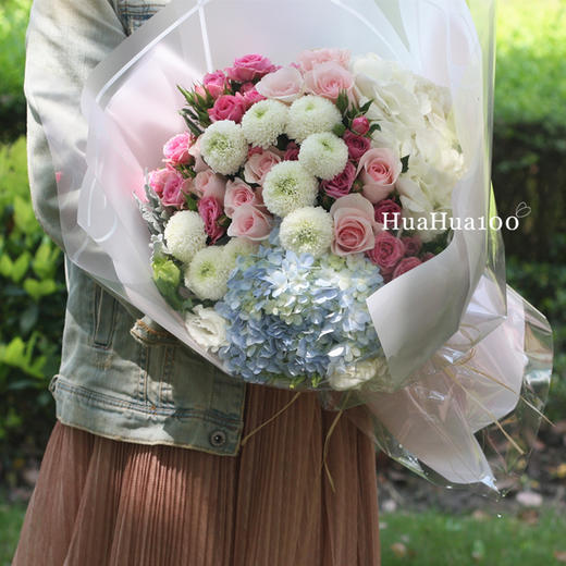 幸福摩天轮丨11朵粉玫瑰蓝绣球乒乓菊混合花束 商品图1