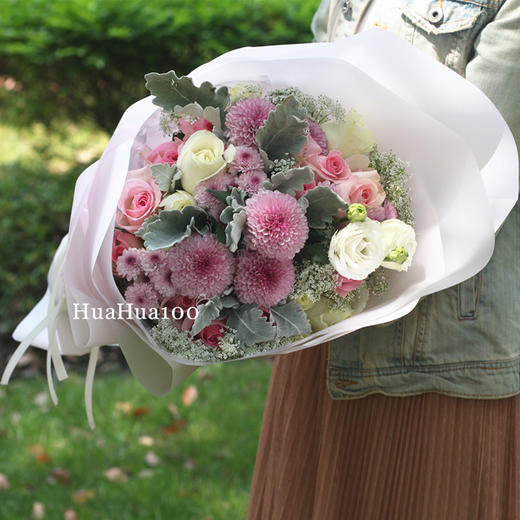 星晴丨粉玫瑰白玫瑰乒乓菊混合花束