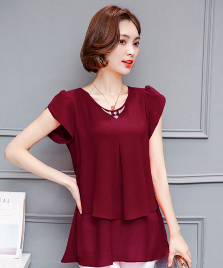 ALYMX536夏季单件荷叶袖甜美纯色雪纺衫