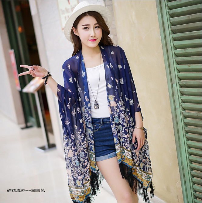 新款碎花流苏开衫防晒披肩