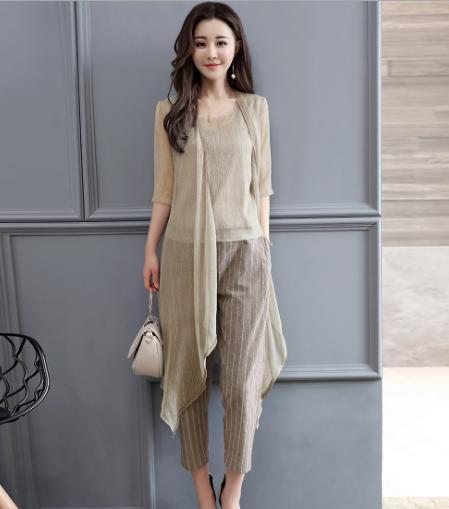 CQ OXN6871  新品圆领T恤+条纹阔腿裤三件套套装 商品图1