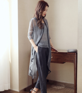 CQ OXN6871  新品圆领T恤+条纹阔腿裤三件套套装