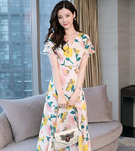 CQ  TSZJ302 新品V领喇叭袖印花收腰中长款雪纺连衣裙 商品图1