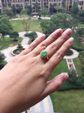 冰种翡翠阳绿蛋面戒指18k黄金珍珠镶嵌