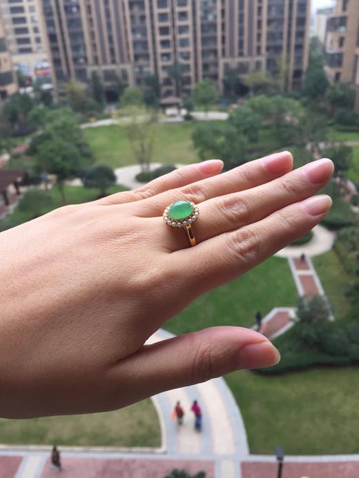 冰种翡翠阳绿蛋面戒指18k黄金珍珠镶嵌 商品图2