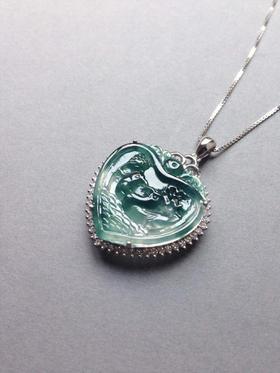 玻璃种飘花翡翠鸳鸯永结同心牌18k白金钻石镶嵌