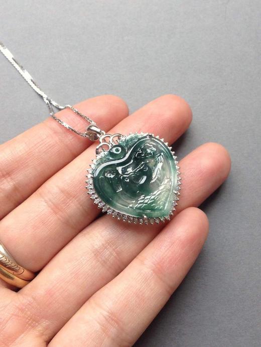 玻璃种飘花翡翠鸳鸯永结同心牌18k白金钻石镶嵌 商品图2