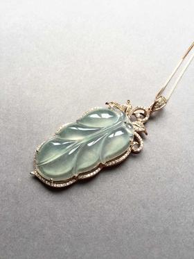 翡翠高冰种飘花大叶子18k玫瑰金钻石镶嵌