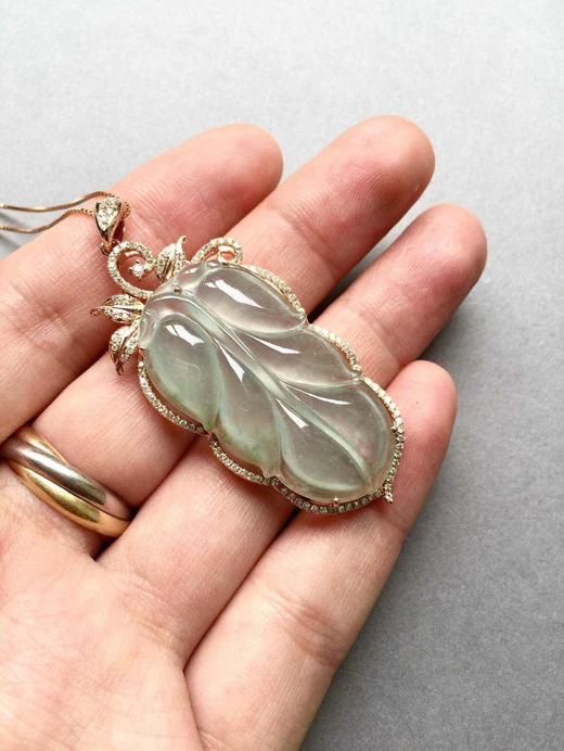 翡翠高冰种飘花大叶子18k玫瑰金钻石镶嵌 商品图1