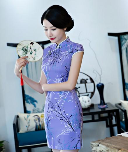 qd862蓝色印花短款旗袍