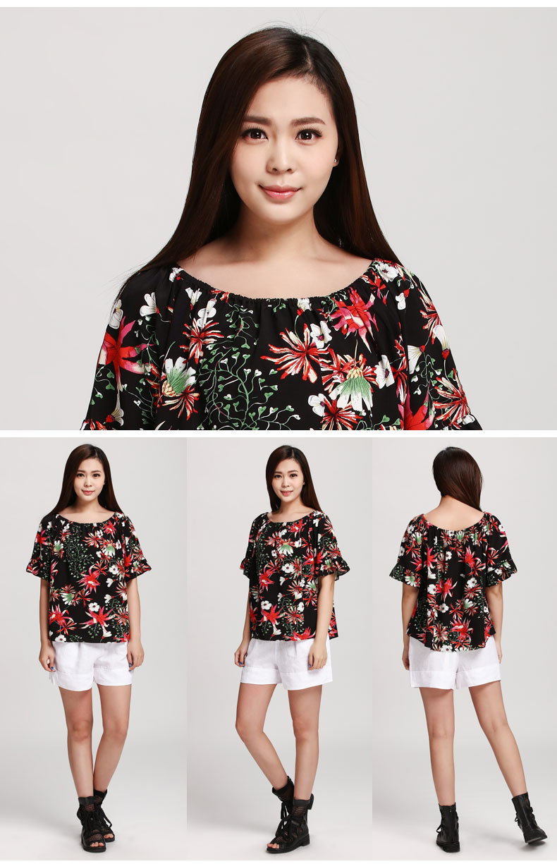 水淼大码女装2016新品夏装时尚创意红绿花个性显瘦t恤s2046k6612
