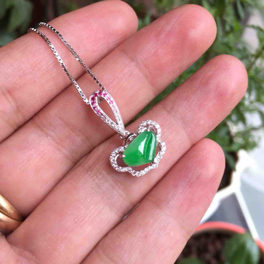18k白金钻石红宝石镶嵌翡翠冰种阳绿心，如意吊坠 商品图6