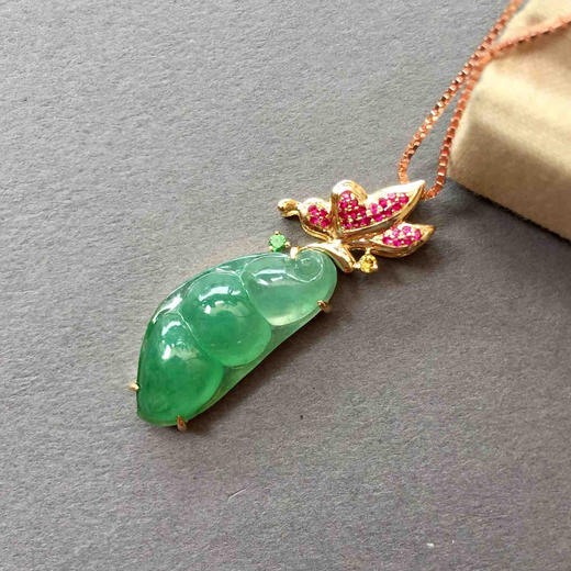 设计师款冰种阳绿福豆18k黄金红宝石镶嵌 商品图0