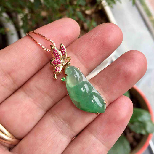 设计师款冰种阳绿福豆18k黄金红宝石镶嵌 商品图7