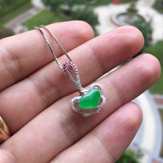 18k白金钻石红宝石镶嵌翡翠冰种阳绿心，如意吊坠 商品图7