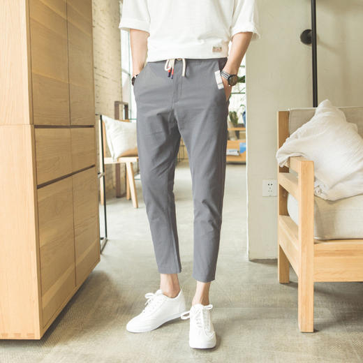 【男士休闲裤】。港风17夏季新款亚麻九分裤男士修身小脚裤男棉麻裤子男潮 商品图0