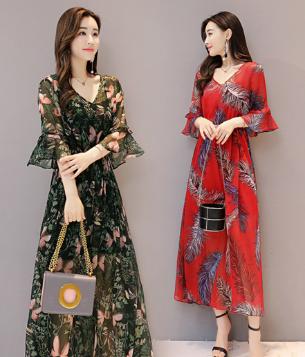 ALHYBH1835印花韩版V领气质连衣裙