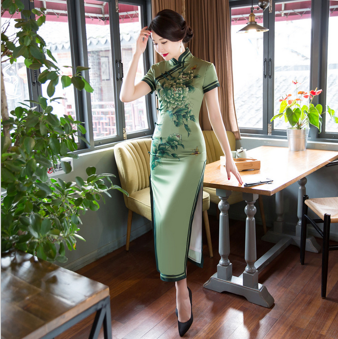 TX072抹茶绿立领修身短袖长款旗袍