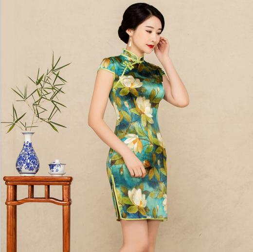 HB8708荷花绿复古修身桑蚕丝旗袍 商品图0