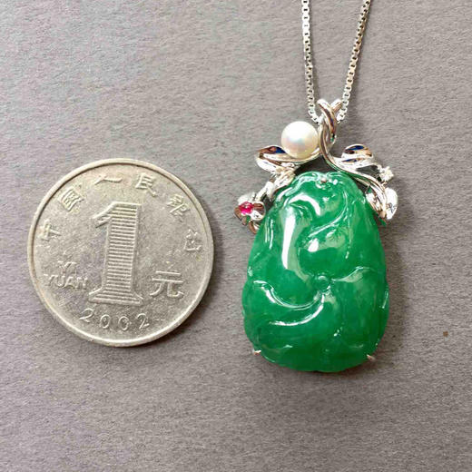 翡翠糯冰种阳绿满色和和美美18k白金钻石镶嵌 商品图3