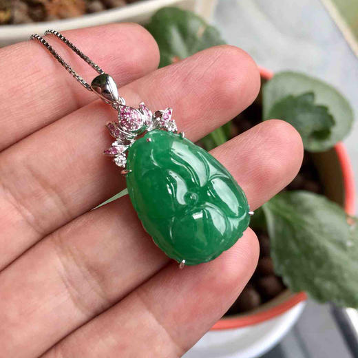 翡翠糯冰种阳绿满色和和美美18k白金镶嵌 商品图7