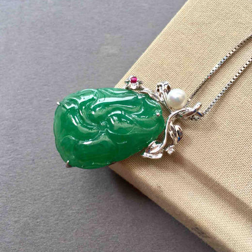 翡翠糯冰种阳绿满色和和美美18k白金钻石镶嵌 商品图1