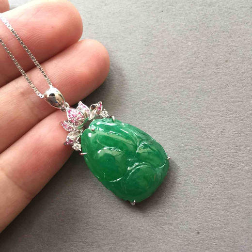 翡翠糯冰种阳绿满色和和美美18k白金镶嵌 商品图6