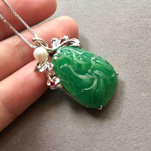 翡翠糯冰种阳绿满色和和美美18k白金钻石镶嵌 商品图6