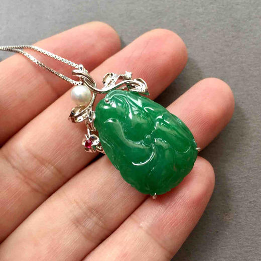 翡翠糯冰种阳绿满色和和美美18k白金钻石镶嵌 商品图5