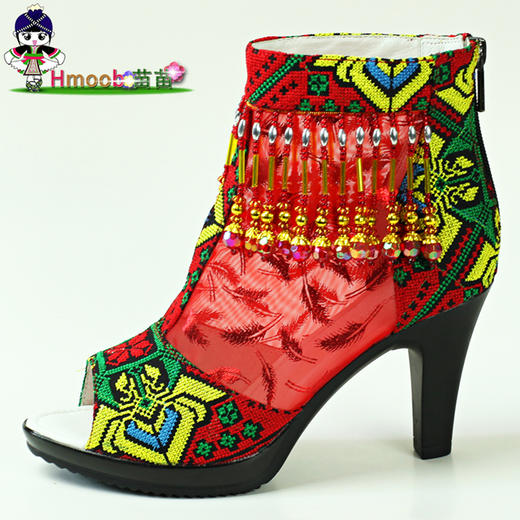 女鞋夏凉鞋民族风高跟鞋苗族绣花鞋串珠子露趾鱼嘴透气