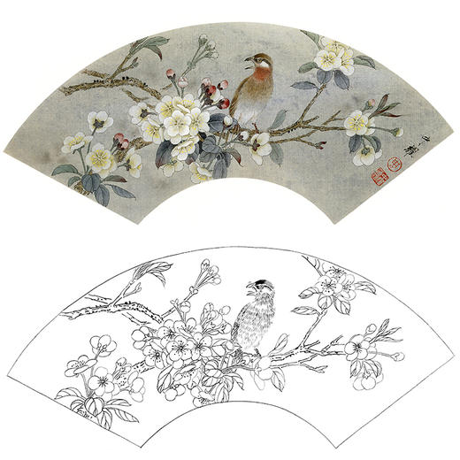 工笔花鸟白描底稿周中耀扇面小品素艳南窗雪一枝多种白描尺寸可选sl21