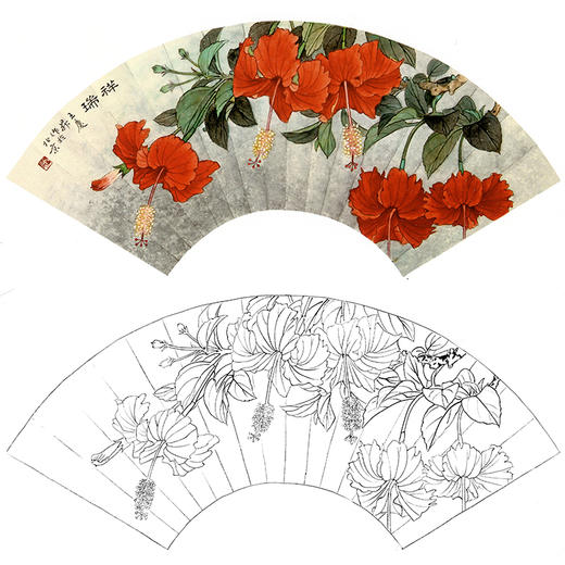 工笔花鸟白描底稿-王庆升《祥瑞》扇面小品-多种白描尺寸可选-SL07 商品图0