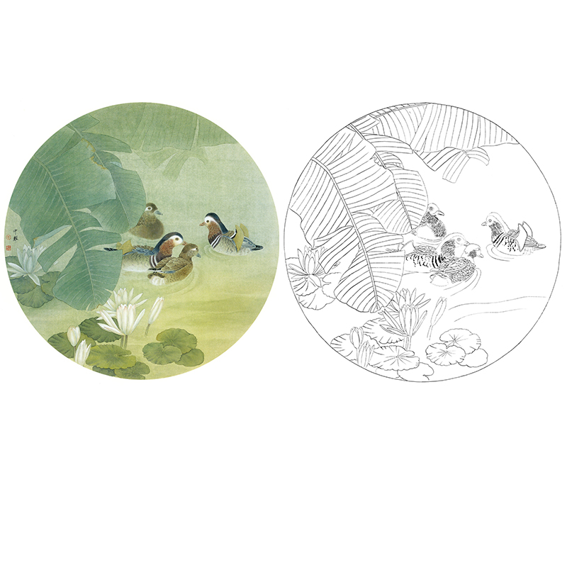 工笔花鸟白描底稿-周中耀《和音交畅》-鸳鸯小品-多种白描尺寸可选-ZY05