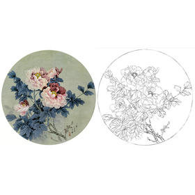 工笔花鸟白描底稿-周中耀牡丹小品《二乔》-多种白描尺寸可选-ZY04