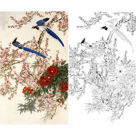 竖幅工笔花鸟白描底稿-王庆升梅花蓝鹊-RT02