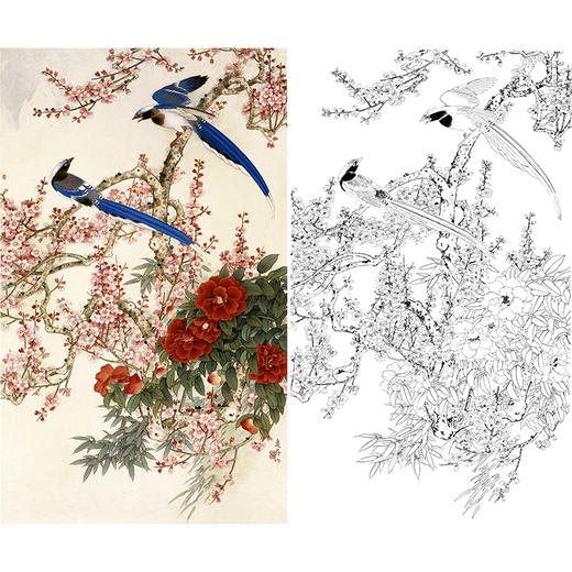 竖幅工笔花鸟白描底稿-王庆升梅花蓝鹊-RT02 商品图0