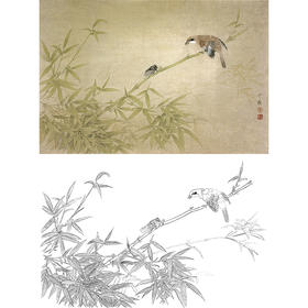 横幅工笔花鸟白描底稿-周中耀《松鸦尔何来》-多种白描尺寸可选-ZT19