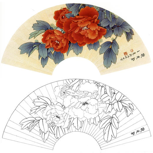 工笔花鸟白描底稿-牡丹花扇面小品-王庆升《状元红》-多种白描尺寸可选-SL11 商品图0