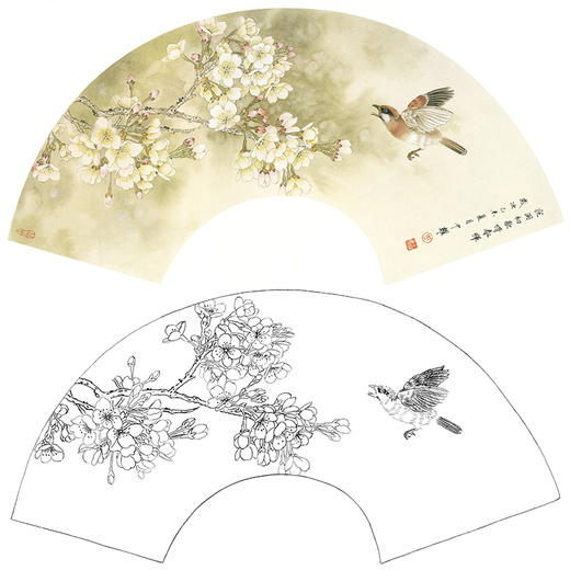 工笔花鸟白描底稿-周中耀扇面小品《夜雨初歇惜春晖》-多种白描尺寸可选-SL24 商品图0