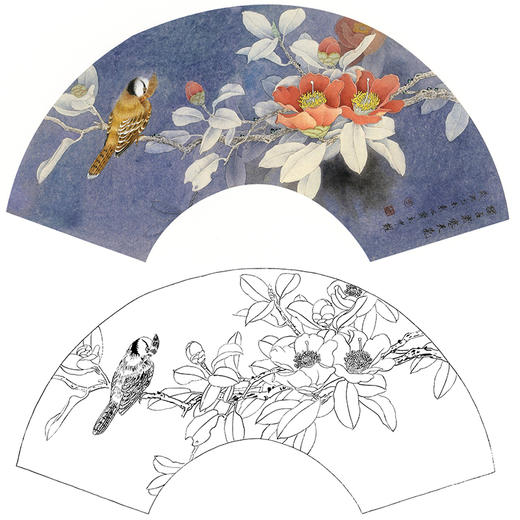 工笔花鸟白描底稿-周中耀-山茶花扇面小品-独占岁寒天气-SL14 商品图0