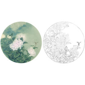 工笔花鸟白描底稿-周中耀《静风》-绣球花小品-多种白描尺寸可选-ZY10
