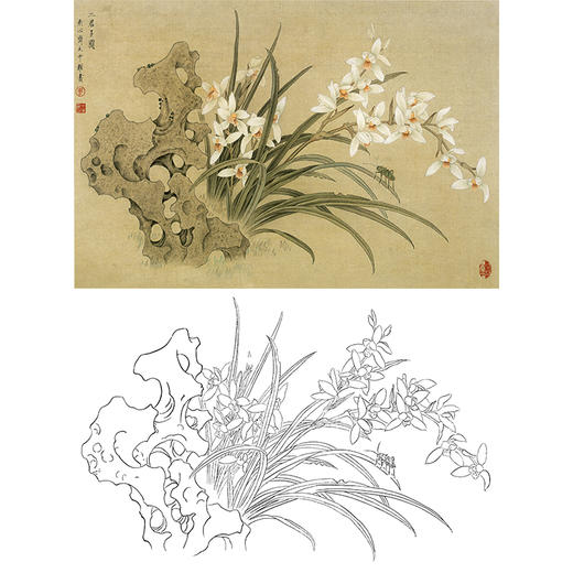 横幅工笔花鸟白描底稿兰花周中耀二君子图多种白描尺寸可选zt14