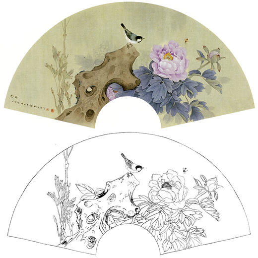 工笔花鸟白描底稿周中耀牡丹扇面小品清芬多种白描尺寸可选sl16