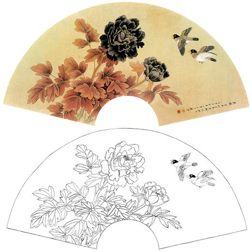工笔花鸟白描底稿-周中耀-牡丹扇面小品《黑葵》-多种白描尺寸可选-SL15 商品图0