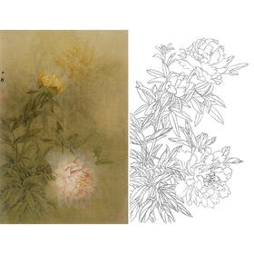 竖幅工笔花鸟白描底稿-周中耀-牡丹《晓月应从此处留》-多种白描尺寸可选-ZT05