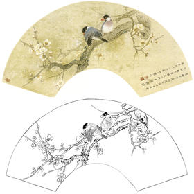 工笔花鸟白描底稿-周中耀-梅花扇面小品《初雪》-多种白描尺寸可选-SL13